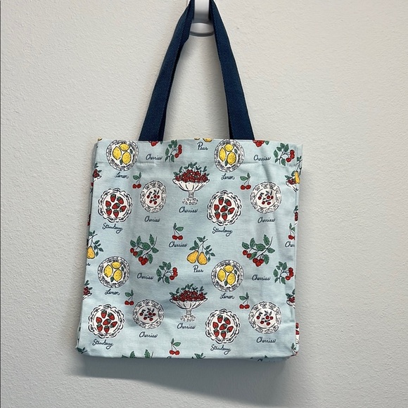 Whimsical Fruit Canvas Tote in Baby Blue w/Navy Handles 🍓🍒🍋🍐 - Picture 3 of 6